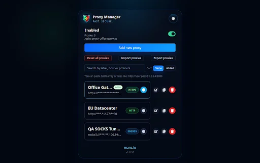 ดาวน์โหลด Proxy Manager – จัดการพร็อกซีบนเบราว์เซอร์ได้ง่ายและรวดเร็ว - Screenshot 1
